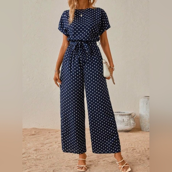 Chic Navy Polka Dot Jumpsuit - Picture 1 of 9